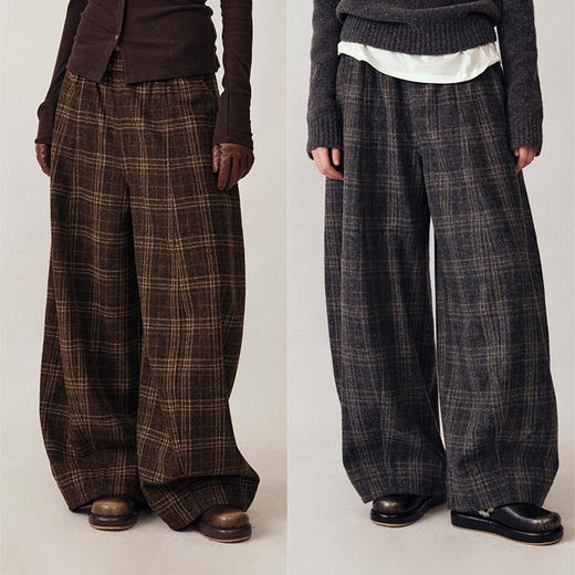 UMILAB｜暗格*羊毛混纺抗皱有型 松紧腰格纹茧型藏肉毛呢裤P1315W 商品图0