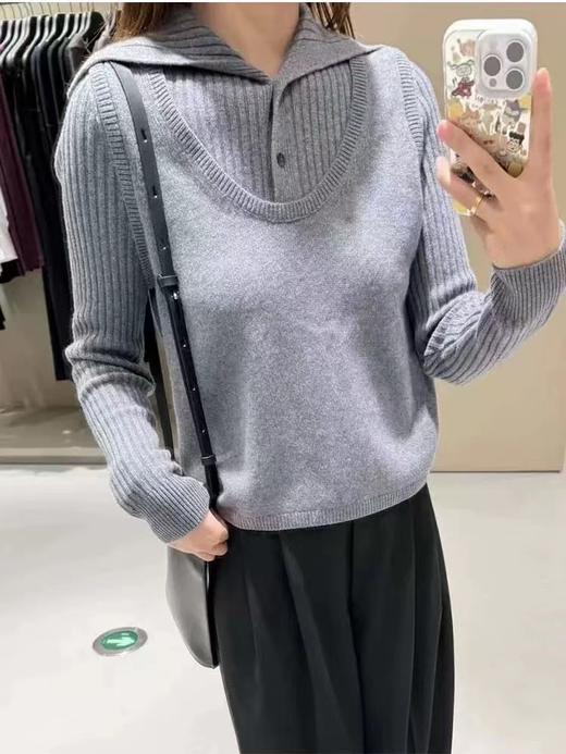 D120880罗纹翻领长袖拼接假两件设计纽扣半开襟毛衣 商品图6