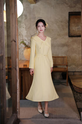 逸红颜明月优选#温婉新中式古董裙「瓷梦」淑女灵动蝴蝶结领，收腰显瘦微鱼尾