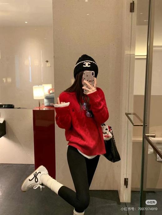 D120821新年红圣诞红复古绞花半拉链毛衣打底针织衫 商品图13