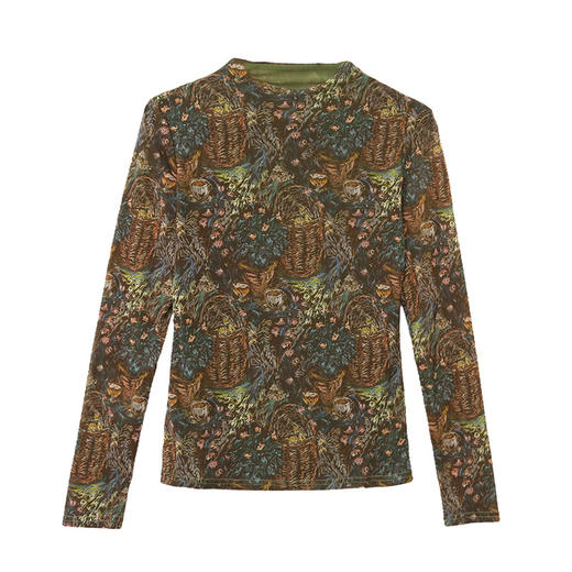 KQL A55F8717时尚洋气高弹网纱T恤长袖印花高领打底衫 商品图4