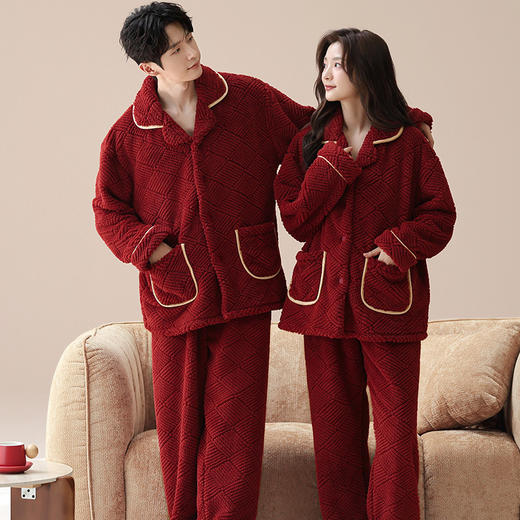 雀说 提花珊瑚绒大红色男女款睡衣家居服两件套 商品图3