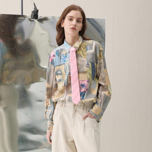 谜底印花衬衣长袖2026年春季新品雅致素描拼贴H型衬衫女261MC0006 商品图0