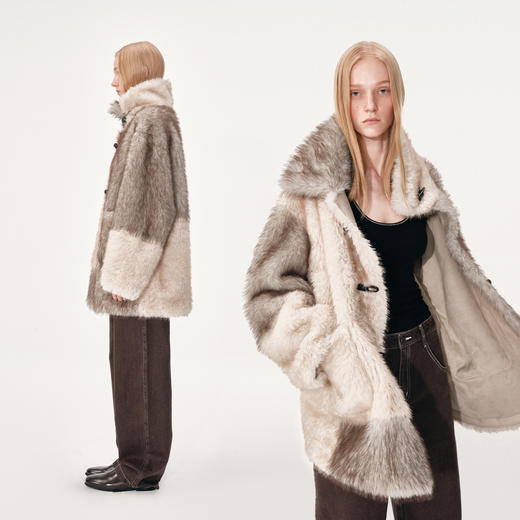 NUTH 人造皮草 牛角扣宽松中长款拼色皮草外套女（发货时间同步天猫） 商品图2