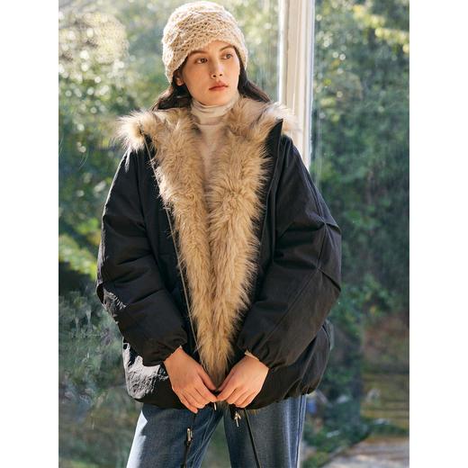 HeyDress环保皮草拼接派克短款羽绒服 商品图1