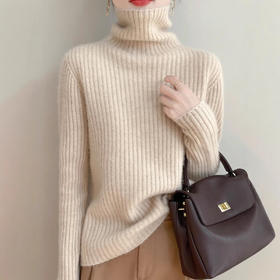 丁摩 舒适软糯100纯羊毛套头毛衣秋冬新款坑条纹堆堆领女士针织衫5ZF-93755