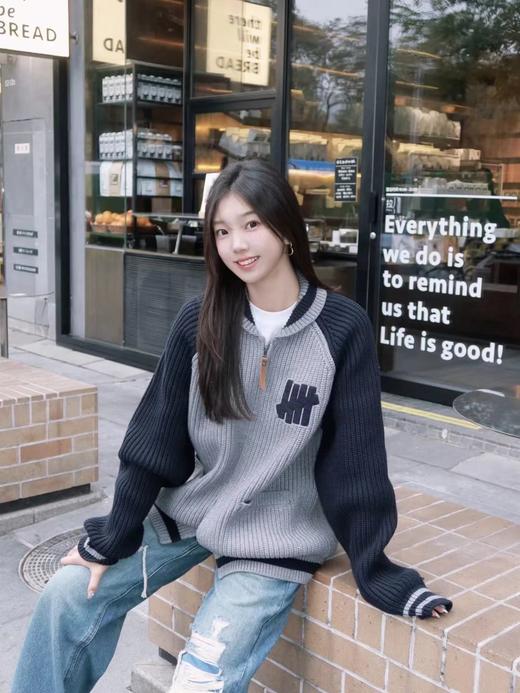 D120802五条杠撞色Logo条纹运动复古元宝针翻领针织衫拉链外套 商品图13