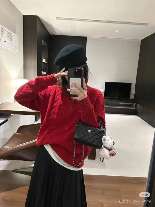 D120821新年红圣诞红复古绞花半拉链毛衣打底针织衫 商品图11