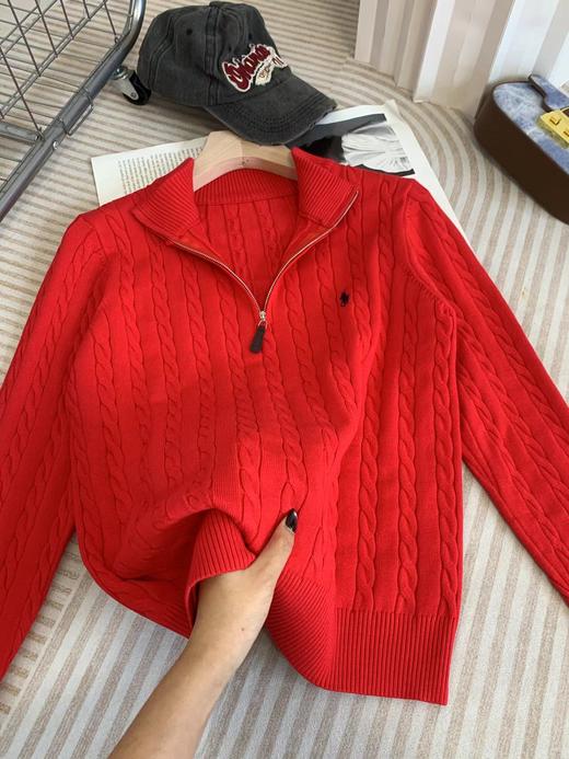 D120821新年红圣诞红复古绞花半拉链毛衣打底针织衫 商品图2