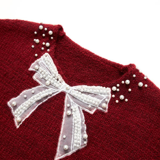 西遇钉珠蝴蝶结红色毛衣女冬季新款V领氛围感套头针织衫H0055333 商品图5