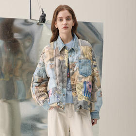 谜底两面穿羽绒服2026年春季新品艺术印花翻领拼牛仔女261MY0010