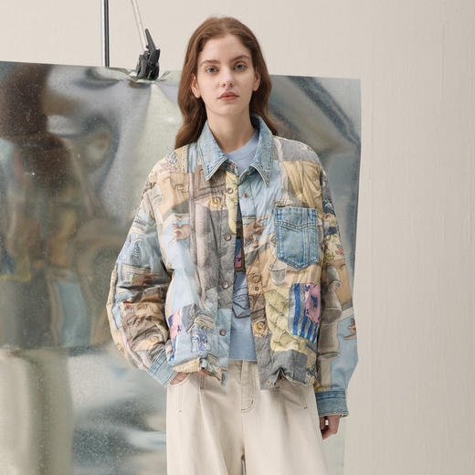 谜底两面穿羽绒服2026年春季新品艺术印花翻领拼牛仔女261MY0010 商品图0