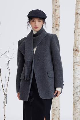 ESTELLICA 灰色气质围脖羊毛呢子大衣外套 21660