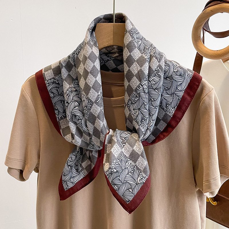 丁摩 棋盘格子70CM棉麻丝巾小方巾女春秋夏季薄围巾领巾亚麻头巾搭腰带5ZF-1037