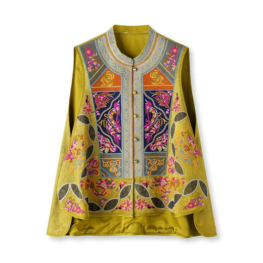 丁摩 黄色重工国潮风刺绣新中式马甲女坎肩独特超好看外穿上衣5ZF-4854 商品图4