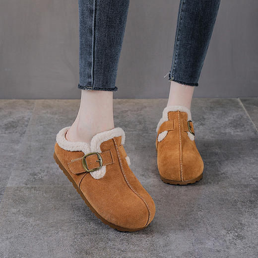 YR 2970磨砂牛皮加绒勃肯毛毛鞋厚底外穿包头半拖保暖棉鞋 商品图0