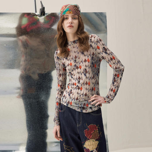 谜底印花弹力打底衫T恤长袖2026春季新品亲肤柔软修身女261MT0002 商品图0