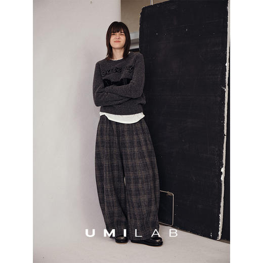 UMILAB｜暗格*羊毛混纺抗皱有型 松紧腰格纹茧型藏肉毛呢裤P1315W 商品图2