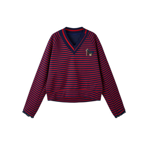 谜底V领卫衣长袖2026年春季新品复古条纹刺绣章仔蕾丝女261MV0011 商品图4