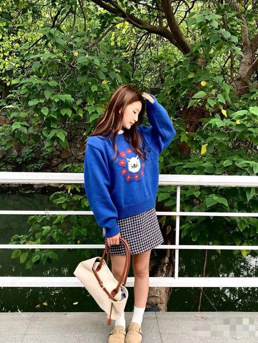 D120835新款时尚俏皮卡通小花图案宝蓝色圆领针织毛衣 商品图3