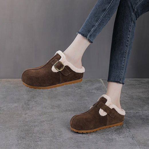 YR 2970磨砂牛皮加绒勃肯毛毛鞋厚底外穿包头半拖保暖棉鞋 商品图1