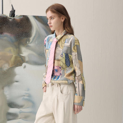 谜底印花衬衣长袖2026年春季新品雅致素描拼贴H型衬衫女261MC0006 商品图1