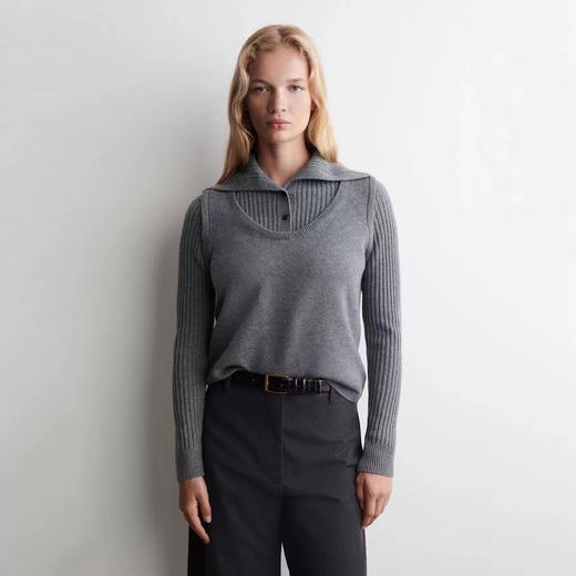 D120880罗纹翻领长袖拼接假两件设计纽扣半开襟毛衣 商品图8