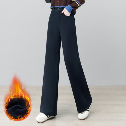 YM 2847刺绣高腰直筒裤加绒加厚宽松牛仔阔腿裤显瘦洋气裤 商品图3