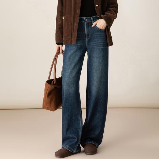 百媚生 加绒加厚直筒牛仔裤女窄版阔腿裤子85606 商品图0