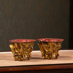 清	紫檀金漆梅花纹爵杯（一对）