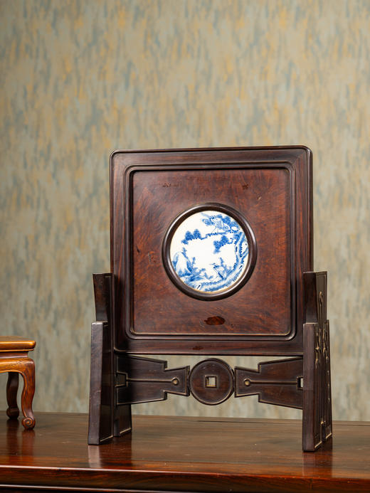 清	红木镶瘿木嵌青花瓷板松鹤延年插屏 商品图1