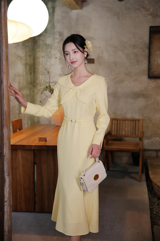逸红颜明月优选#温婉新中式古董裙「瓷梦」淑女灵动蝴蝶结领，收腰显瘦微鱼尾 商品图2