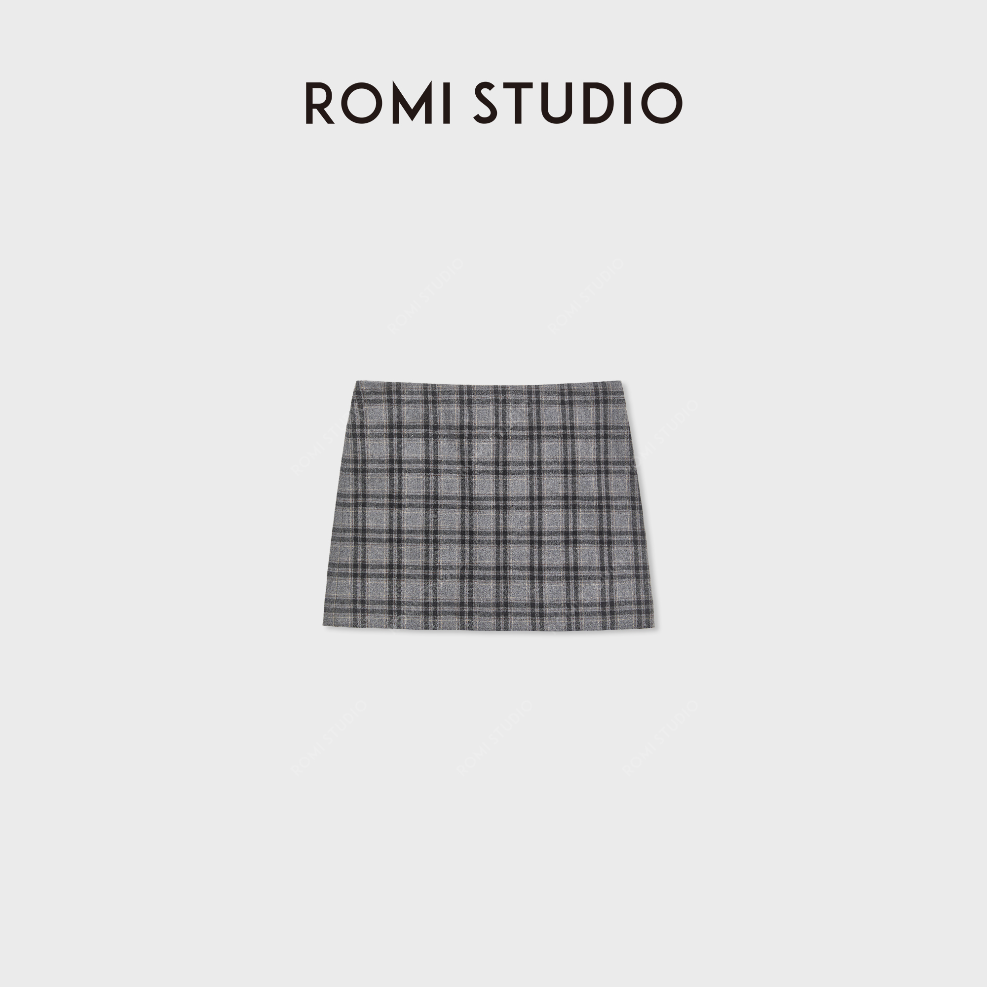 ROMI STUDIO“经典复古”羊毛混纺高腰格纹包臀短半裙RWCWXU7242