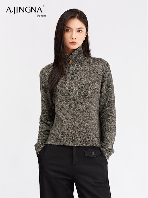 【桑蚕丝羊绒】阿菁娜秋季新款桑蚕丝羊绒针织衫绵羊毛混纺软糯蓬松翻领两穿宽松显瘦F30D302001 商品图1