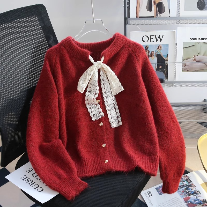 【YW】无忧购“礼物季”新年圣诞节日感蕾丝系带毛衣开衫女慵懒风加厚软糯针织外套4006（截单后3-5天发货）