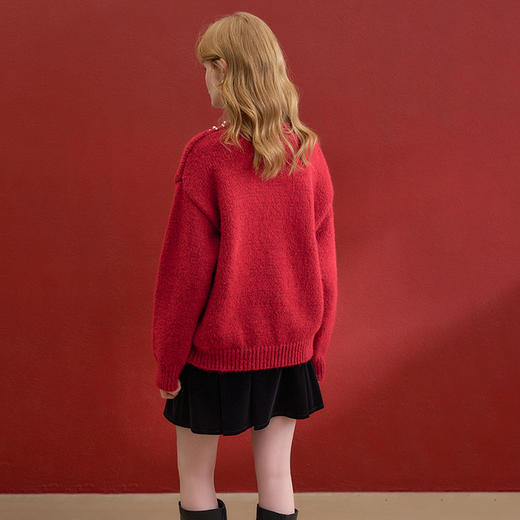 西遇钉珠蝴蝶结红色毛衣女冬季新款V领氛围感套头针织衫H0055333 商品图3