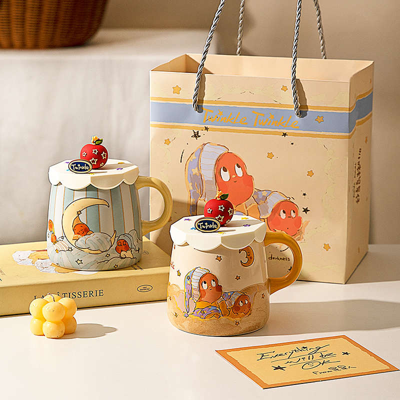 摩登主妇星星人浮雕马克杯带盖带勺生日礼物情侣水杯陶瓷咖啡杯子