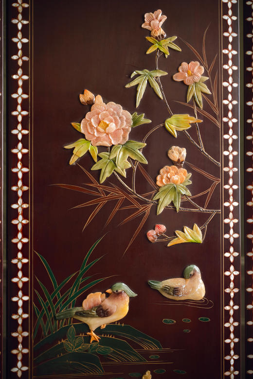 【已售】独角鹿西洋古董中国出品「富贵花鸟」主题百宝嵌装饰螺钿漆木四曲古董屏风 商品图6