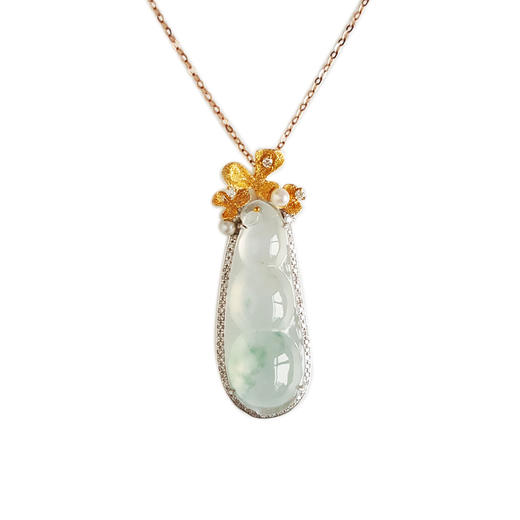 【天然正品】A货翡翠AU750双色金镶钻镶天然细腻飘蓝花冰种福豆翡翠配珍珠吊坠项链35.0*12.6*8.1MM（皆取最大值）链长：45CM（长度可调节）女士261125TJ19 商品图0