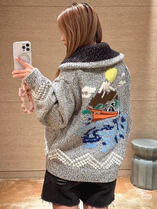 D120866花灰富士山珍珠拉链撞色粗针毛针织开衫 商品图6