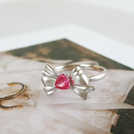 【天然正品】AU750白金镶钻镶天然蝴蝶结造型三角粉色0.37克拉尖晶石戒指14.5号（戒圈可改）女士251125NJS17 商品图4