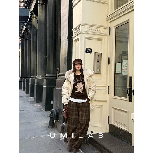 UMILAB｜暗格*羊毛混纺抗皱有型 松紧腰格纹茧型藏肉毛呢裤P1315W 商品图3