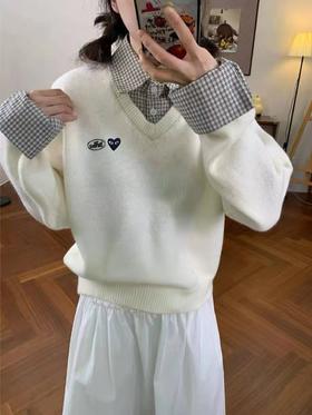 D120834复古学院风松弛感V领假两件针织衫女款