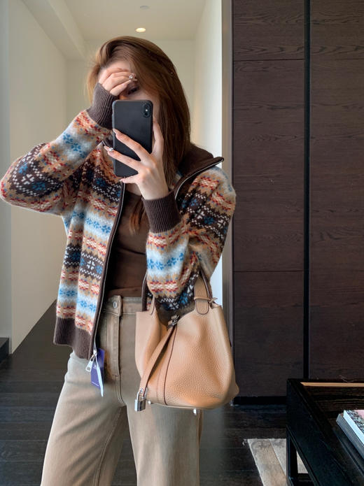 绵羊毛复古费尔岛拉链立领毛衣外套 商品图7