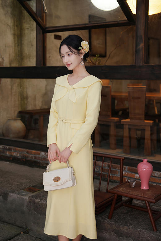 逸红颜明月优选#温婉新中式古董裙「瓷梦」淑女灵动蝴蝶结领，收腰显瘦微鱼尾 商品图6