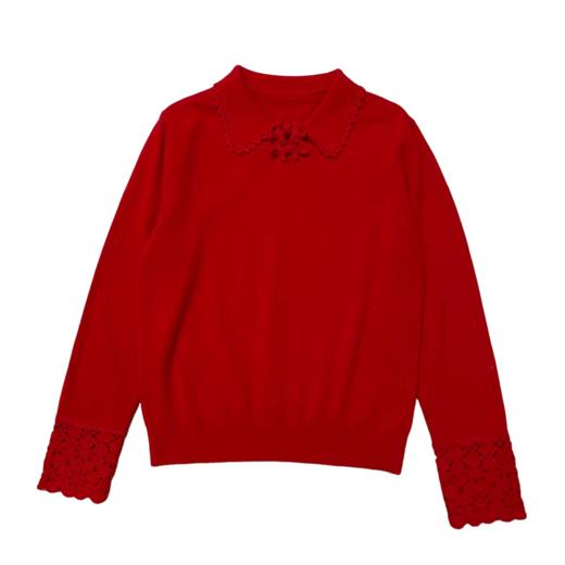 新年战衣羊毛羊绒混纺盘扣小翻领够花镂空羊毛衫 商品图3