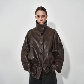 NUTH100%绵羊皮真皮皮衣宽松中长款束腰皮衣外套女