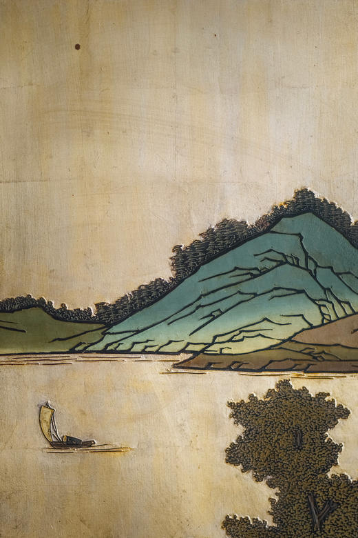 独角鹿西洋古董 20世纪中国出品传统山水亭台主题金地款彩雕漆双面六曲屏风 商品图7