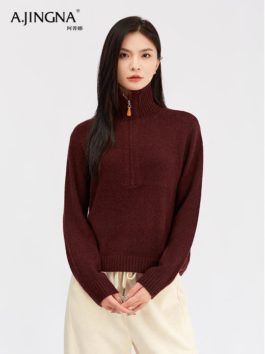 【桑蚕丝羊绒】阿菁娜秋季新款桑蚕丝羊绒针织衫绵羊毛混纺软糯蓬松翻领两穿宽松显瘦F30D302001 商品图2