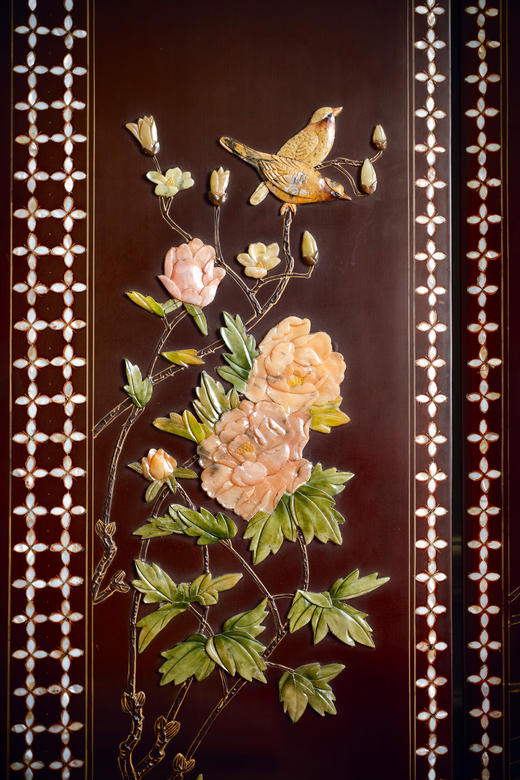 【已售】独角鹿西洋古董中国出品「富贵花鸟」主题百宝嵌装饰螺钿漆木四曲古董屏风 商品图7